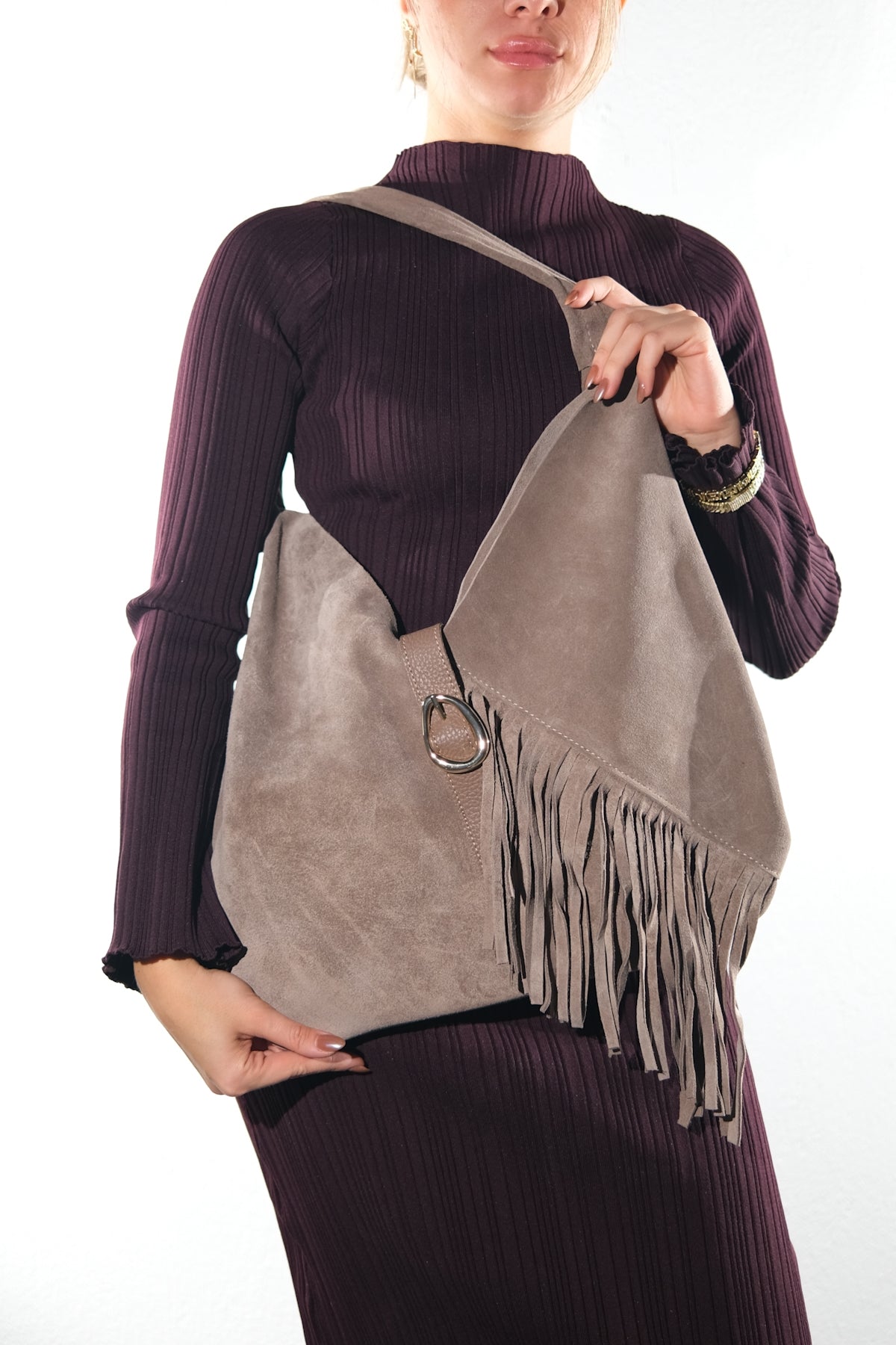 Noche - Taupe Suede Leather Tassel Shoulder Bag (Women)