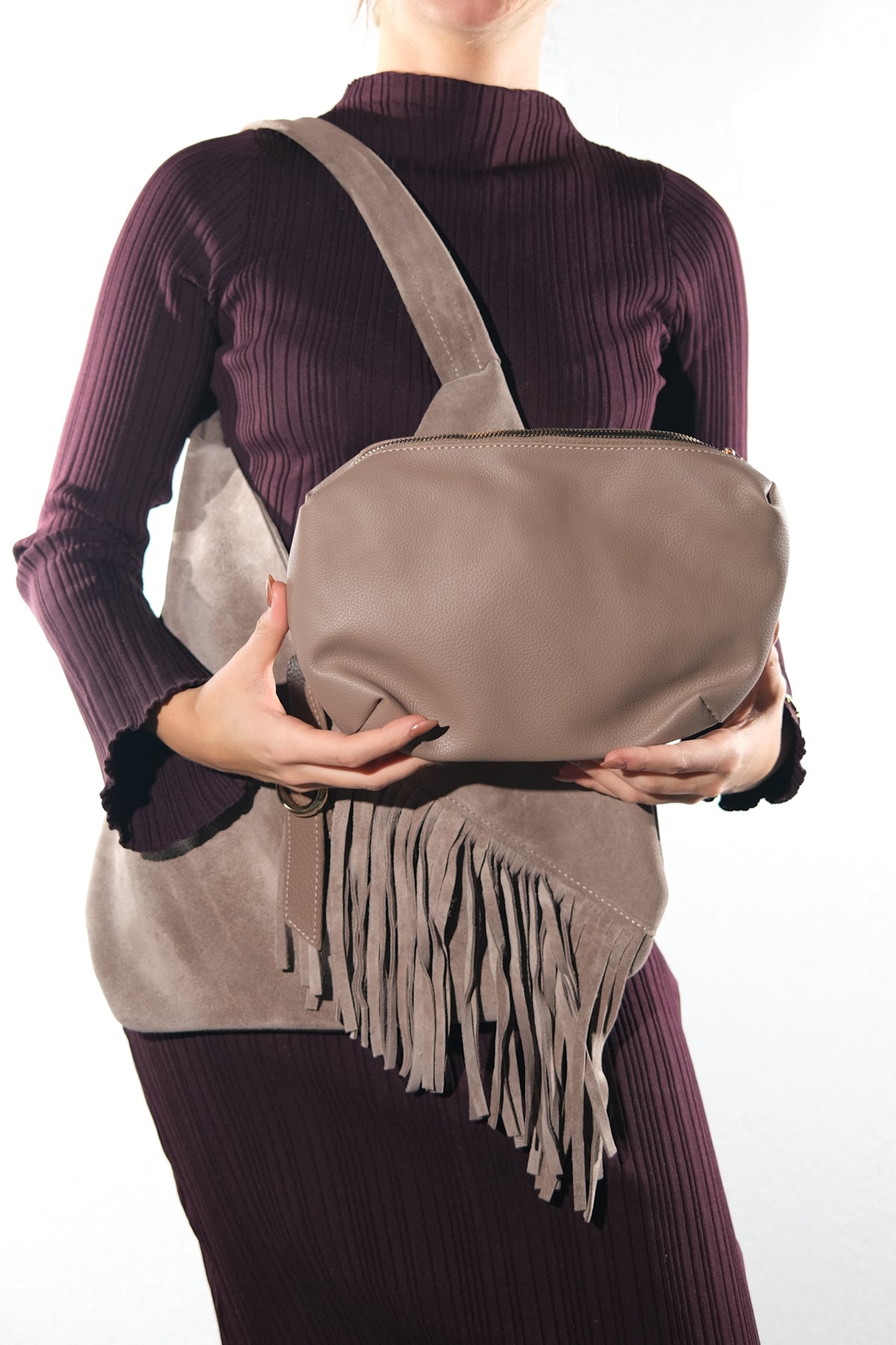 Noche - Taupe Suede Leather Tassel Shoulder Bag (Women)
