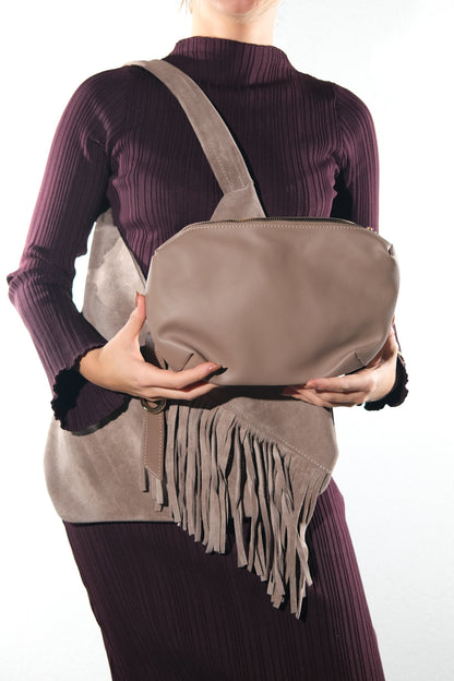 Noche - Taupe Suede Leather Tassel Shoulder Bag (Women)