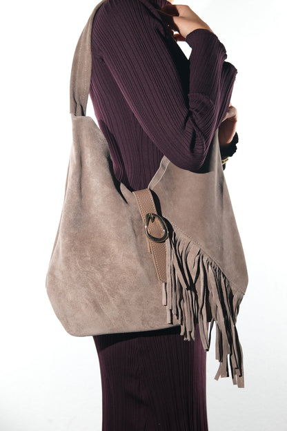 Noche - Taupe Suede Leather Tassel Shoulder Bag (Women)