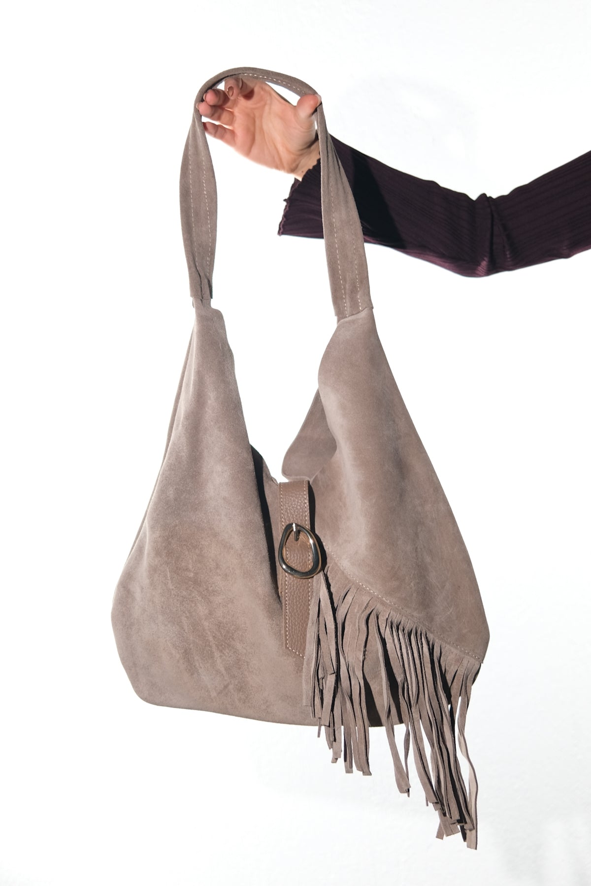 Noche - Taupe Suede Leather Tassel Shoulder Bag (Women)