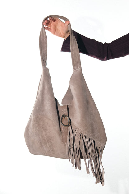 Noche - Taupe Suede Leather Tassel Shoulder Bag (Women)