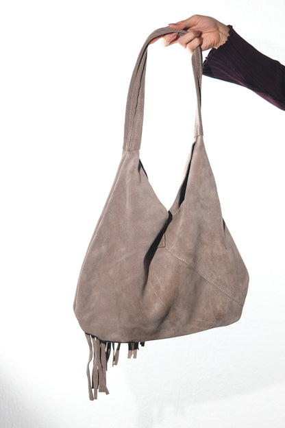 Noche - Taupe Suede Leather Tassel Shoulder Bag (Women)