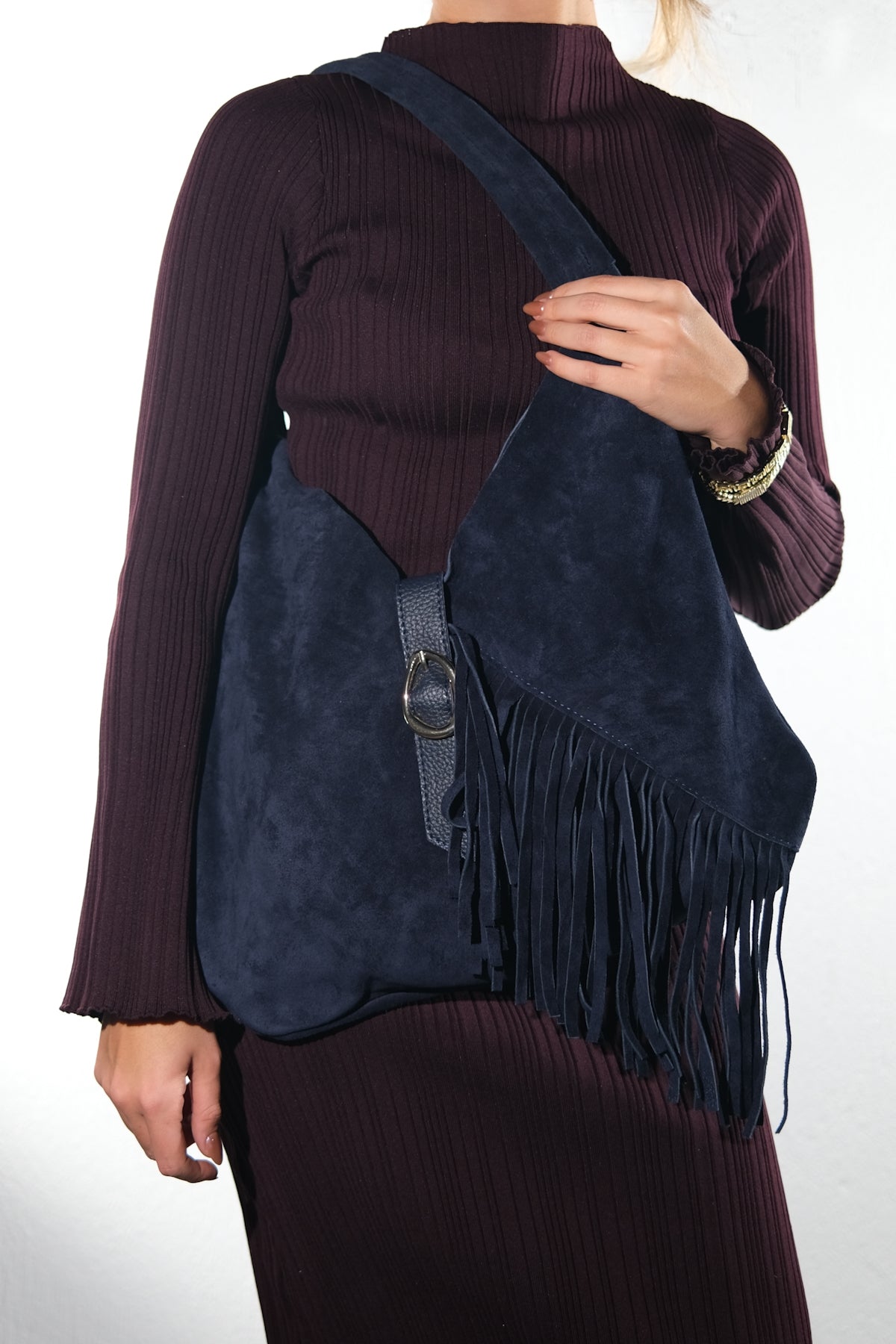 Noche - Bolso de hombro con borla de ante azul marino (Mujer)