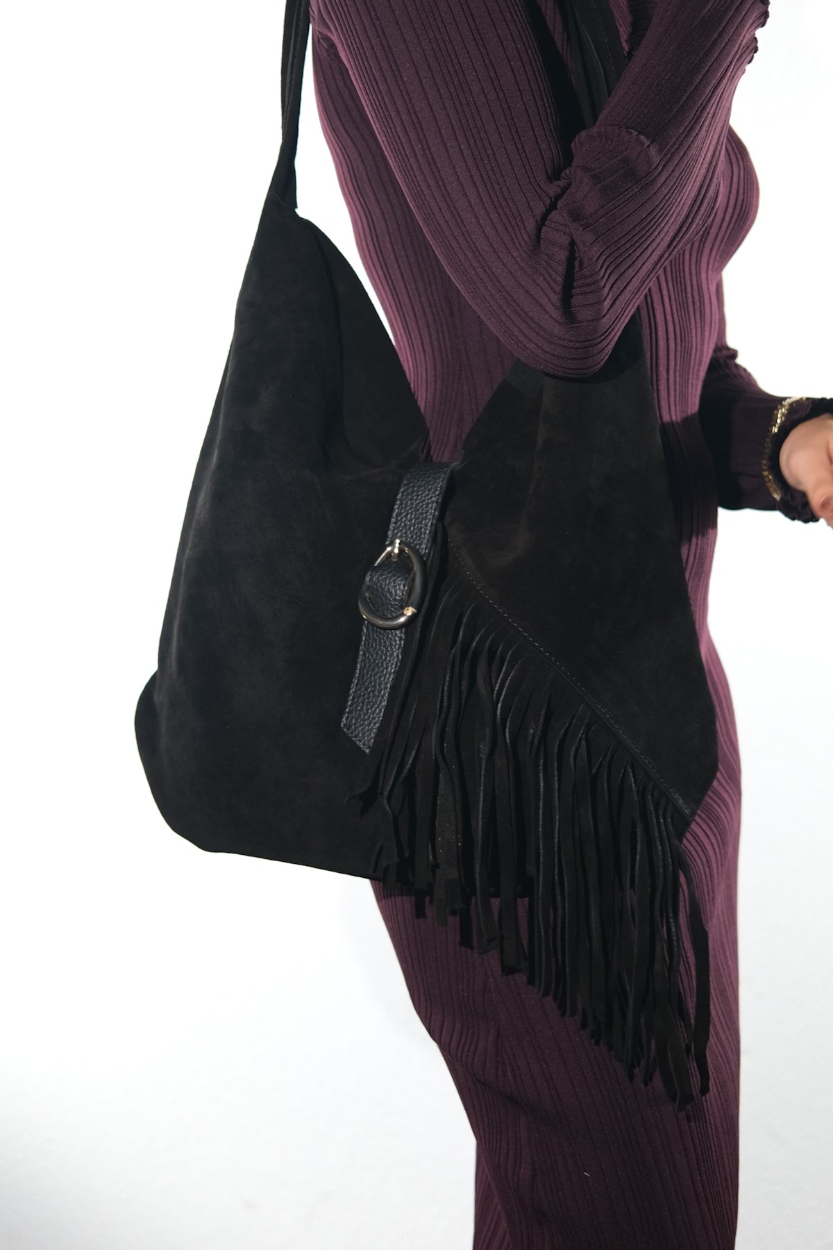 Noche - Bolso de hombro de ante negro con borla (Mujer)