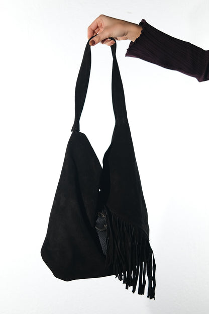 Noche - Bolso de hombro de ante negro con borla (Mujer)