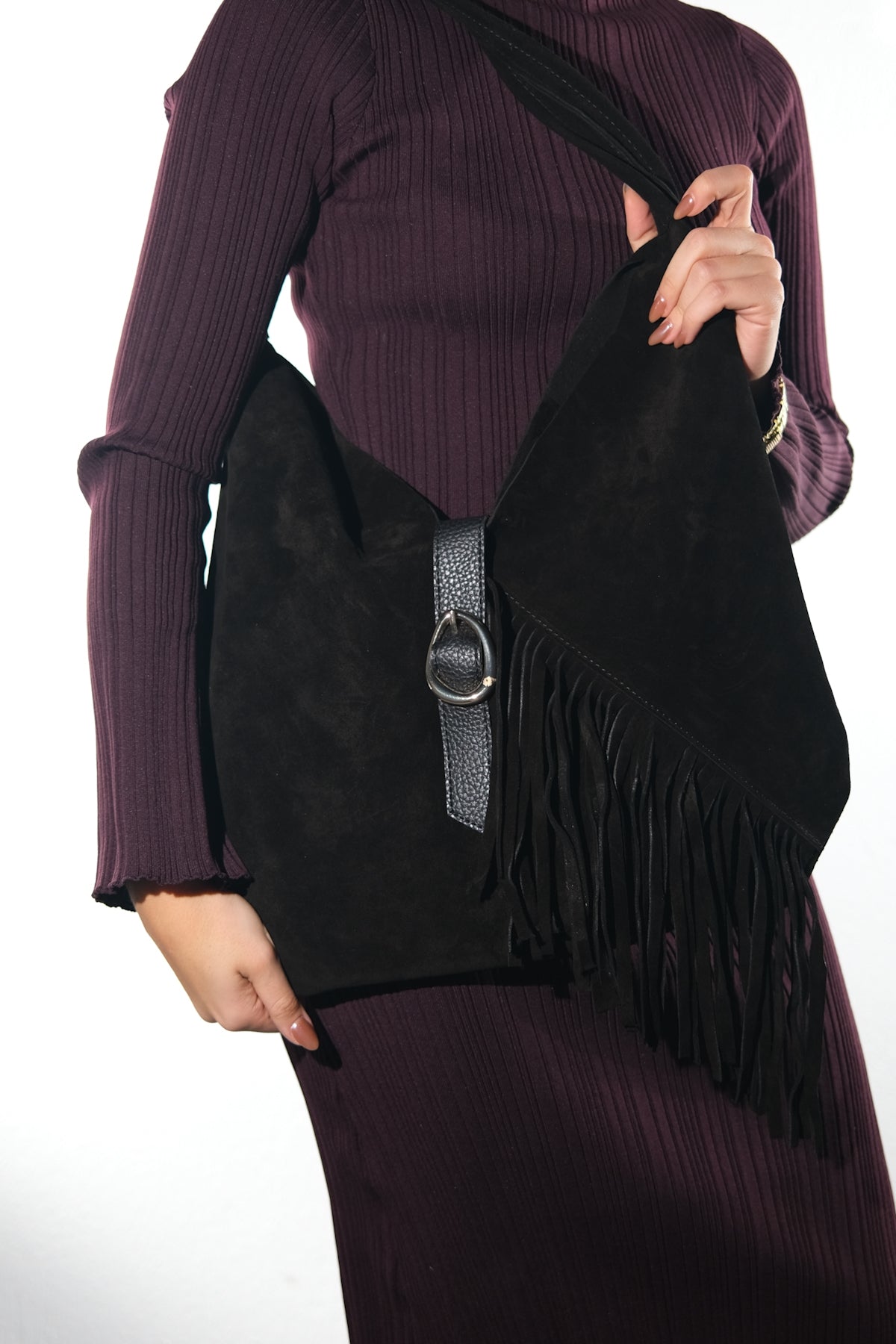 Noche - Bolso de hombro de ante negro con borla (Mujer)