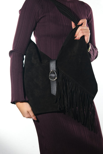 Noche - Bolso de hombro de ante negro con borla (Mujer)