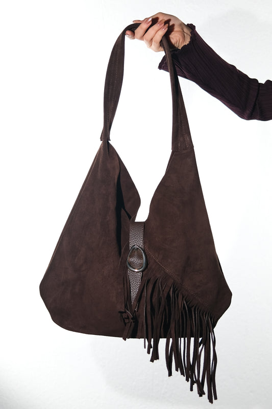 Noche - Bolso de hombro de ante marrón con flecos de cuero (Mujer)