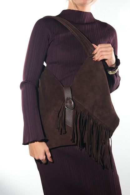 Noche - Brown Suede Leather Tassel Shoulder Bag (Women)