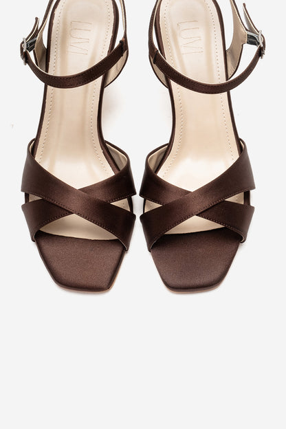 Melin - Brown Satin Cross Strap Stiletto Sandal (Women)