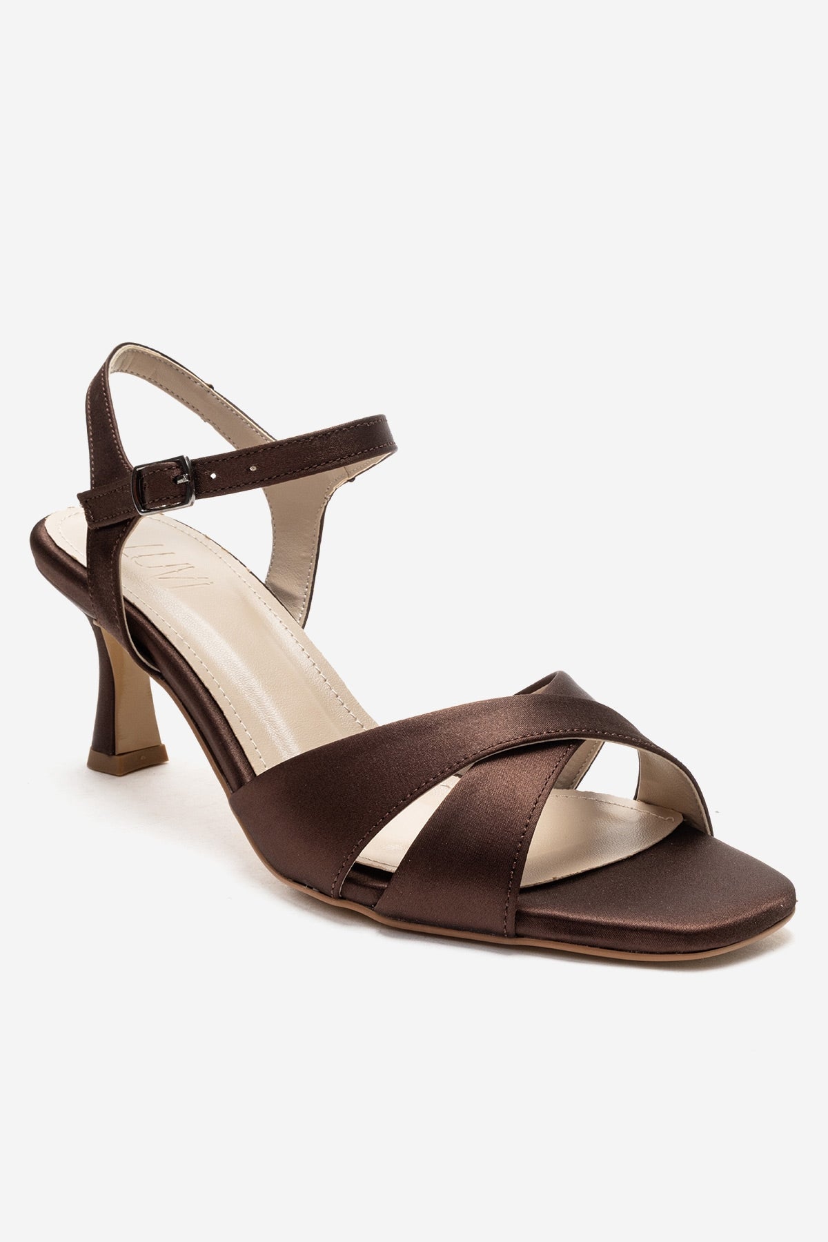 Melin - Brown Satin Cross Strap Stiletto Sandal (Women)