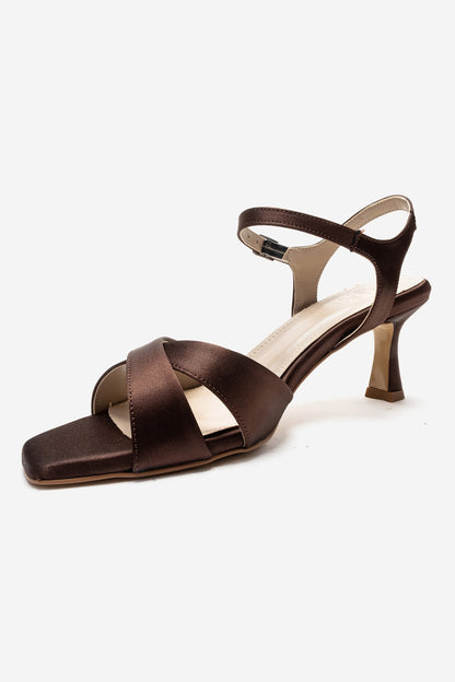 Melin - Brown Satin Cross Strap Stiletto Sandal (Women)