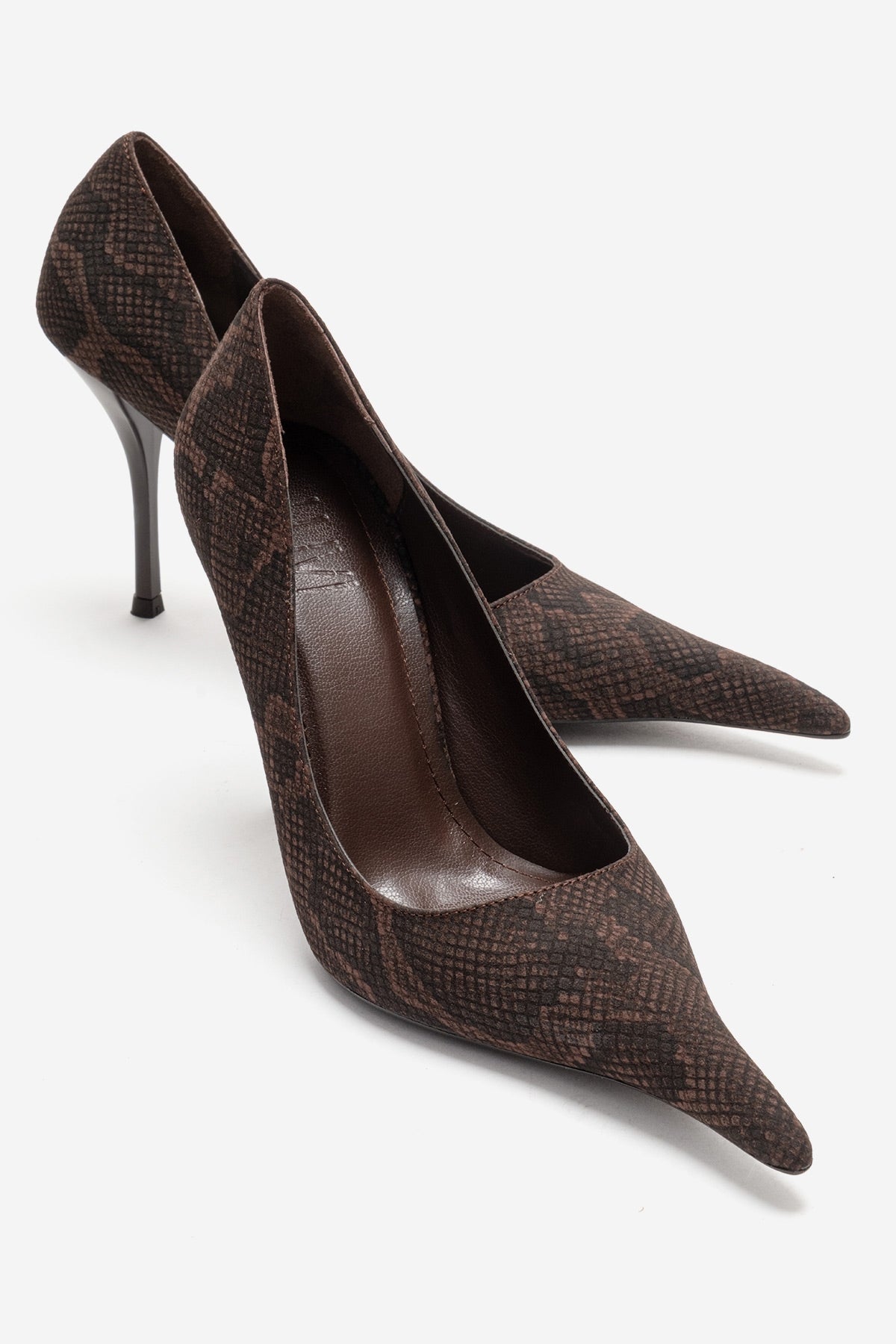 Luce - Zapato de tacón de aguja con punta y estampado marrón (Mujer)