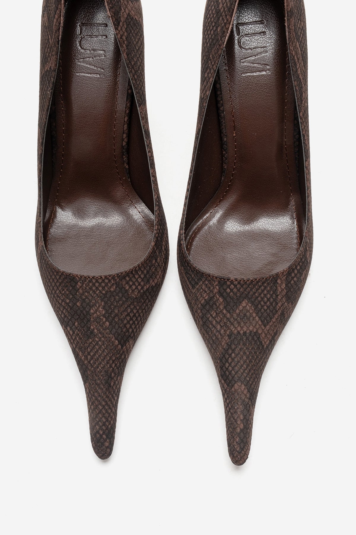 Luce - Zapato de tacón de aguja con punta y estampado marrón (Mujer)