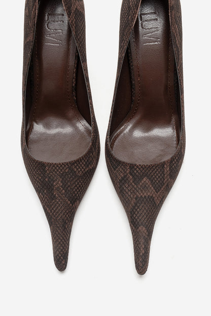 Luce - Zapato de tacón de aguja con punta y estampado marrón (Mujer)