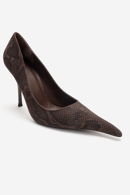 Luce - Zapato de tacón de aguja con punta y estampado marrón (Mujer)