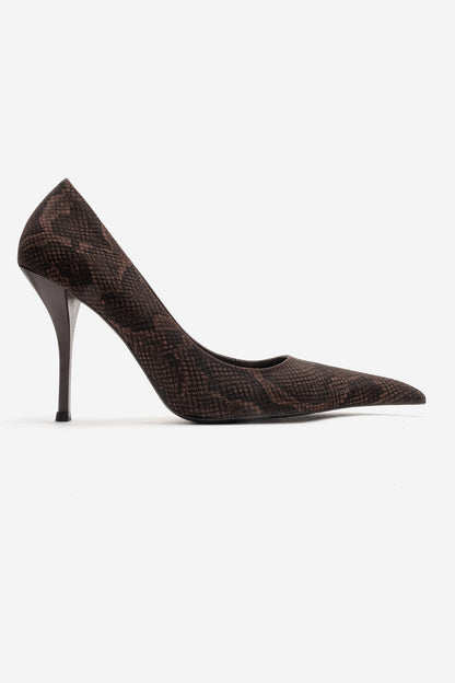 Luce - Zapato de tacón de aguja con punta y estampado marrón (Mujer)