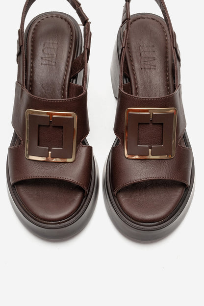 Lucia - Brown Buckle Genuine Leather Wedge Heel Sandal (Women)