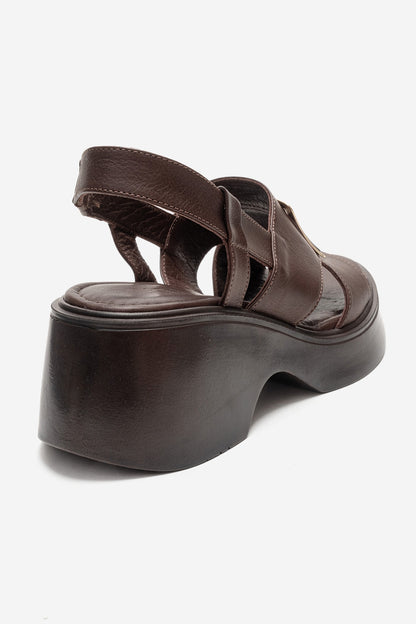 Lucia - Brown Buckle Genuine Leather Wedge Heel Sandal (Women)