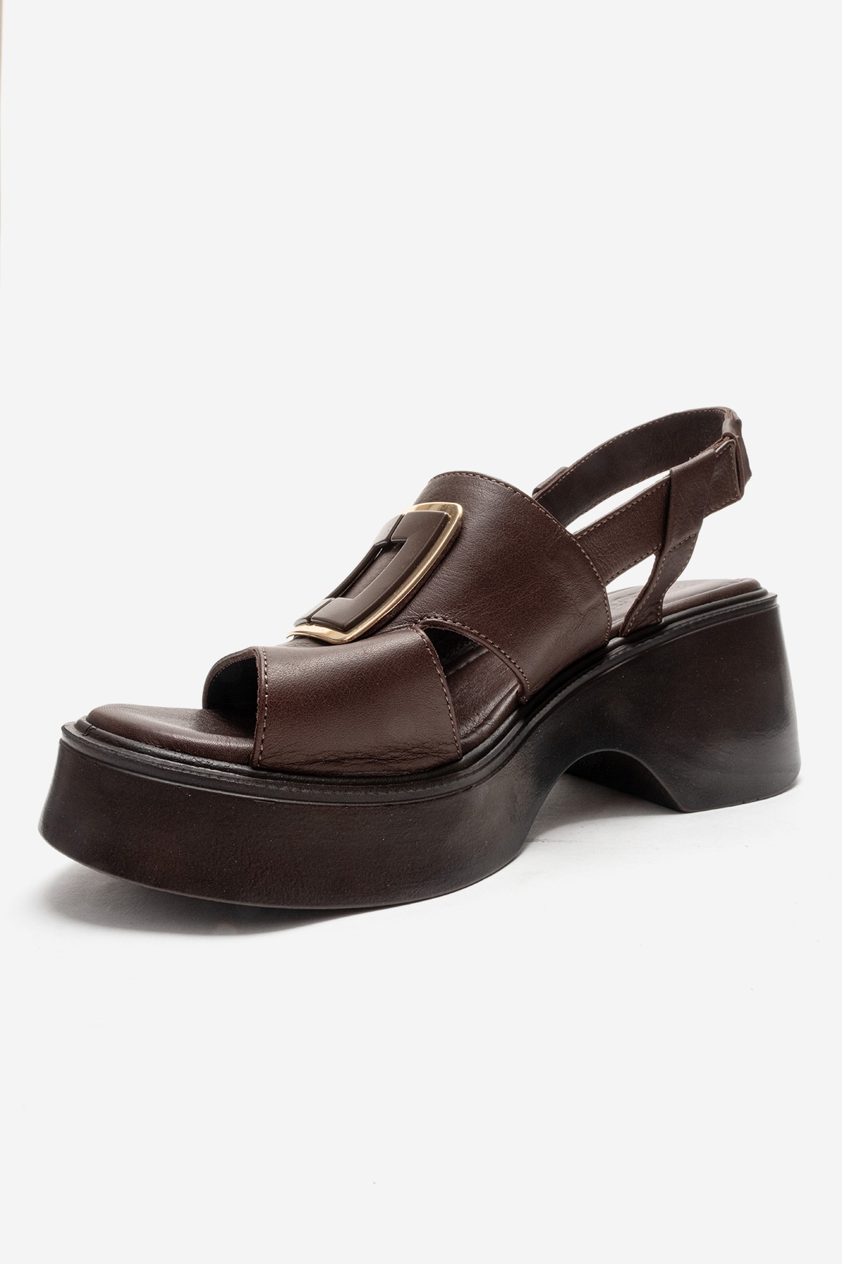 Lucia - Brown Buckle Genuine Leather Wedge Heel Sandal (Women)