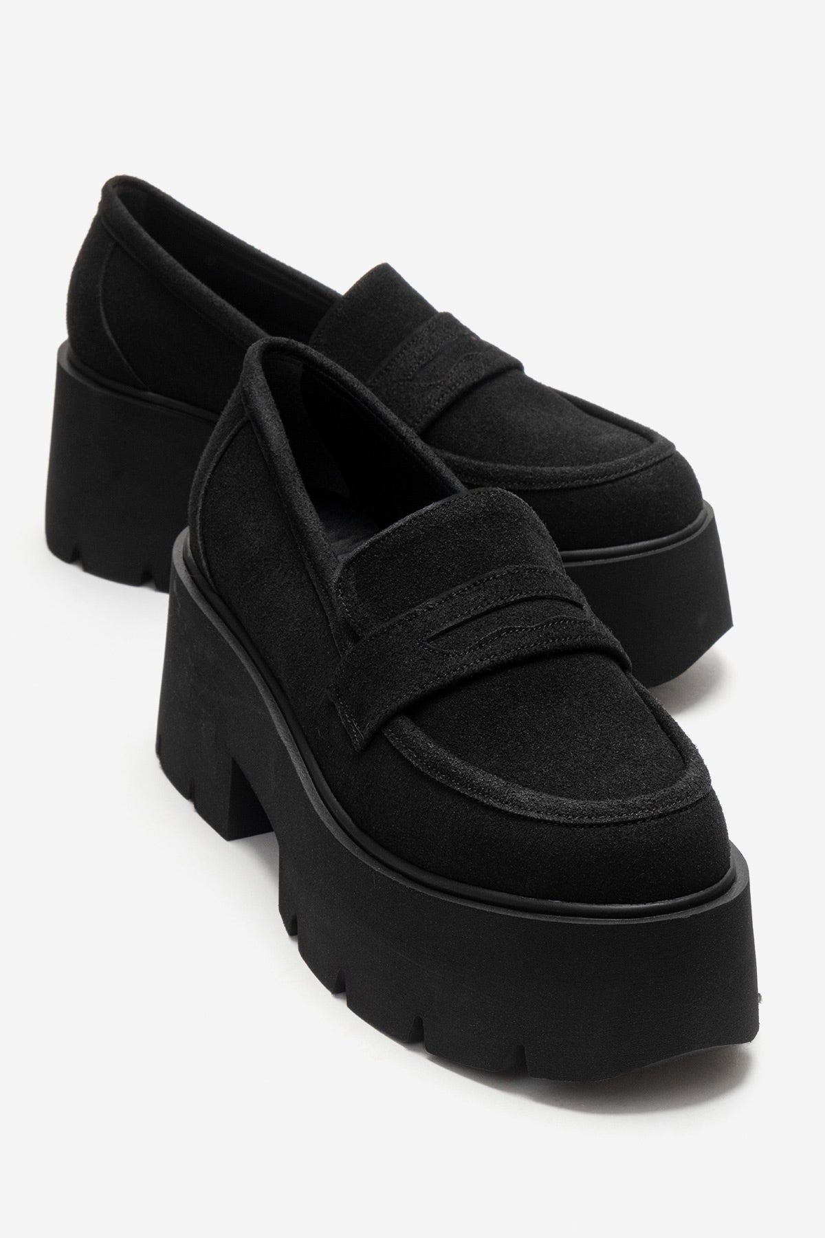 Santia - Black Suede Thick Platform Loafer (Women)
