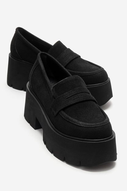 Santia - Black Suede Thick Platform Loafer (Women)