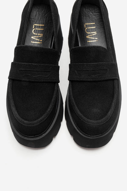 Santia - Black Suede Thick Platform Loafer (Women)