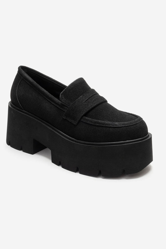 Santia - Mocasín de plataforma gruesa de ante negro (Mujer)