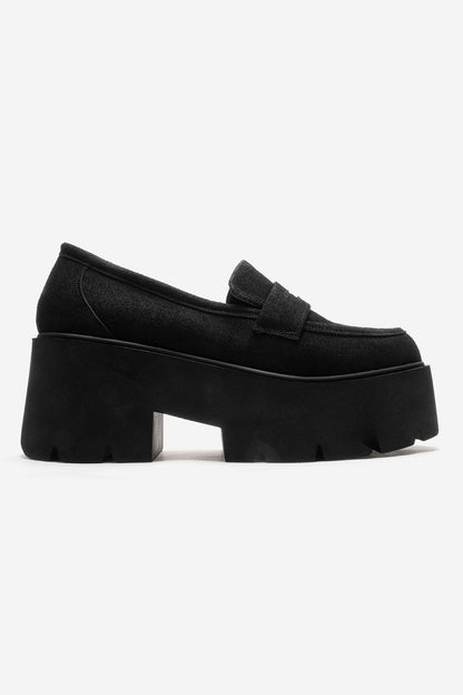 Santia - Black Suede Thick Platform Loafer (Women)