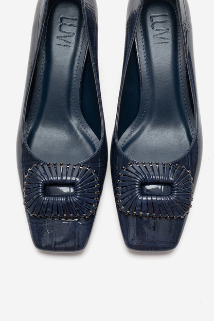 VELORA - Navy Buckled Block Heel Shoe (Women)
