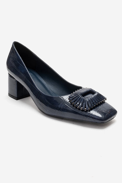 VELORA - Navy Buckled Block Heel Shoe (Women)