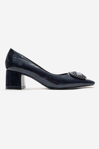 VELORA - Navy Buckled Block Heel Shoe (Women)