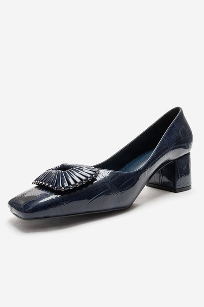 VELORA - Navy Buckled Block Heel Shoe (Women)
