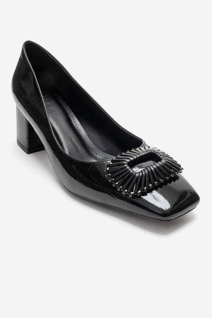 VELORA - Black Buckled Block Heel Shoe (Women)
