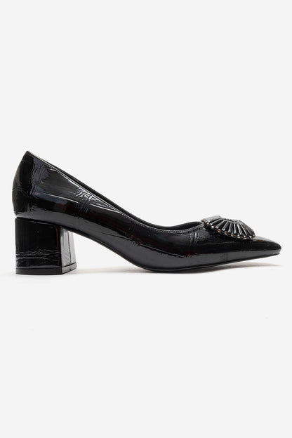 VELORA - Black Buckled Block Heel Shoe (Women)