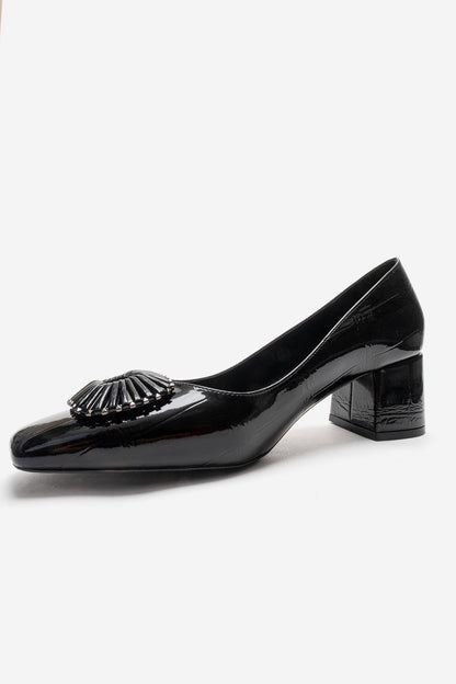VELORA - Black Buckled Block Heel Shoe (Women)
