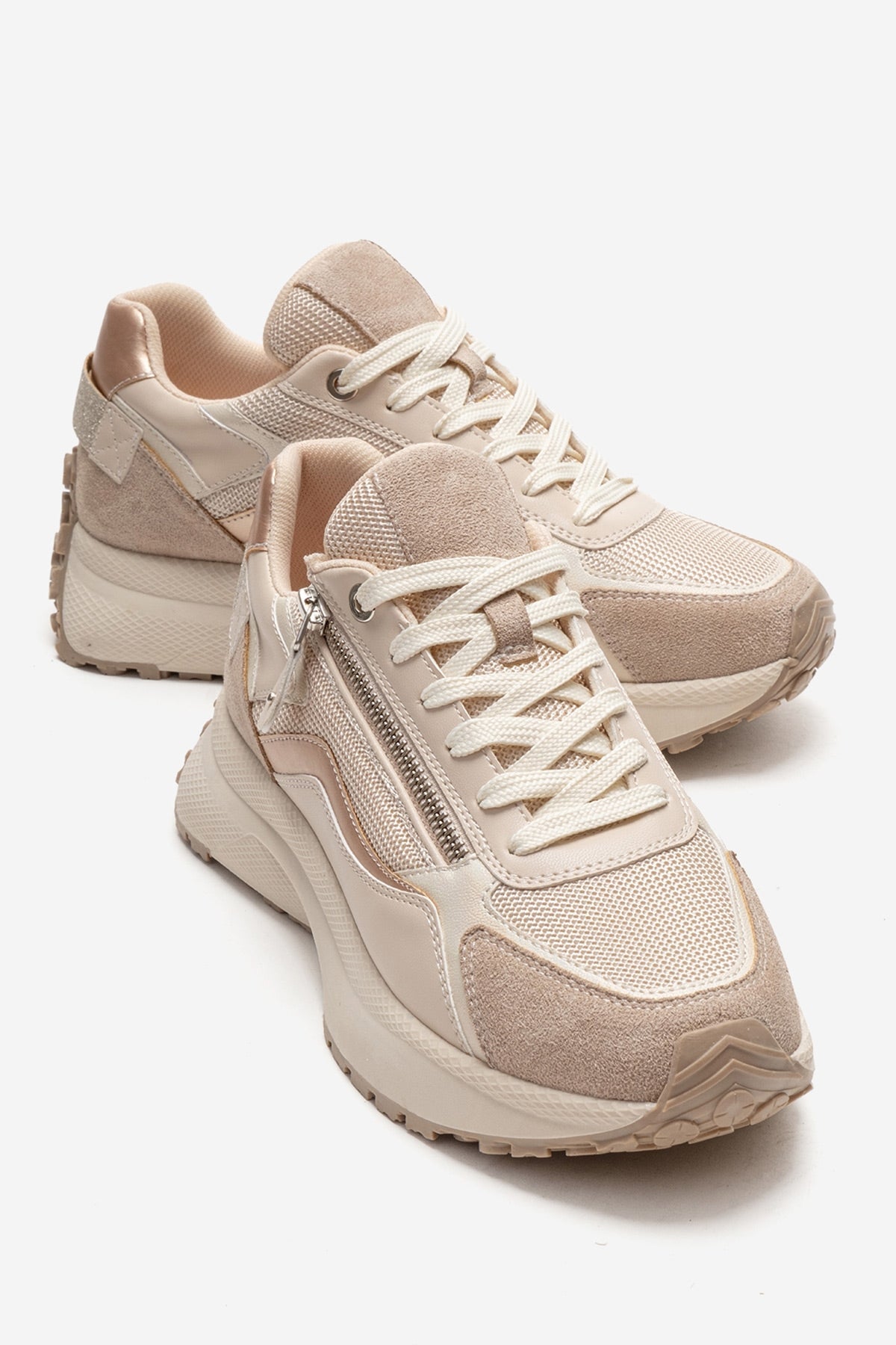 ROCCA - Zapatilla de piel genuina beige con detalle de cremallera (mujer)