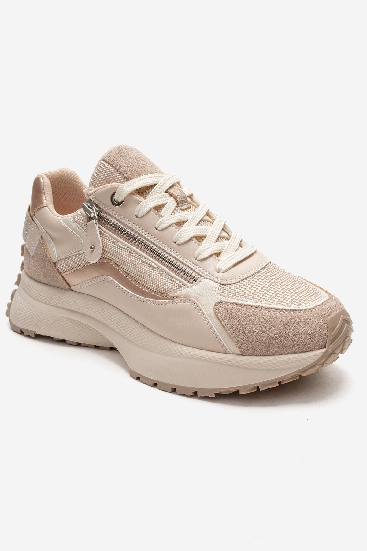 ROCCA - Zapatilla de piel genuina beige con detalle de cremallera (mujer)