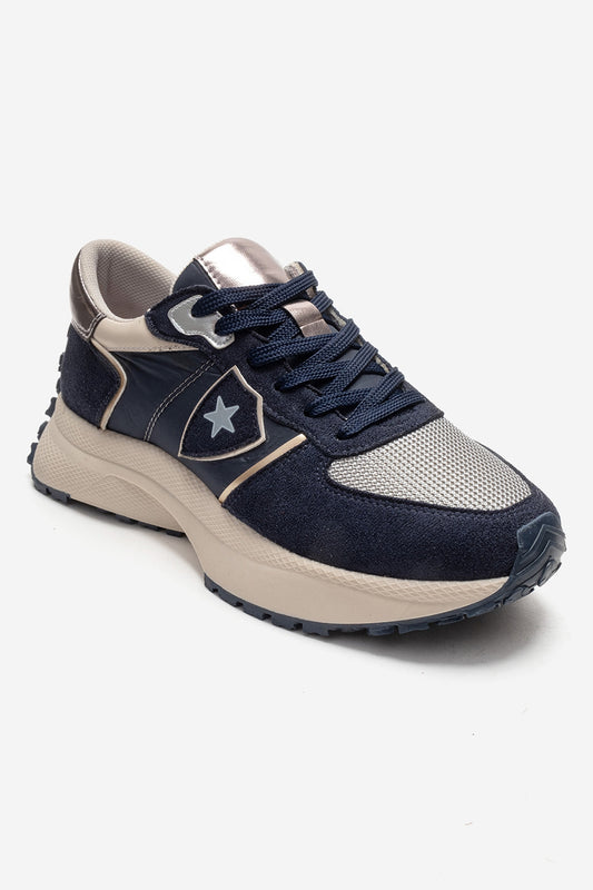 BIELLA - Zapatillas de Piel Genuina de Gamuza Azul Marino (Mujer)