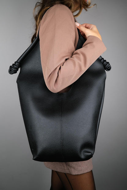 SANTANA - Bolso de hombro holgado de cuero genuino negro (Mujer)