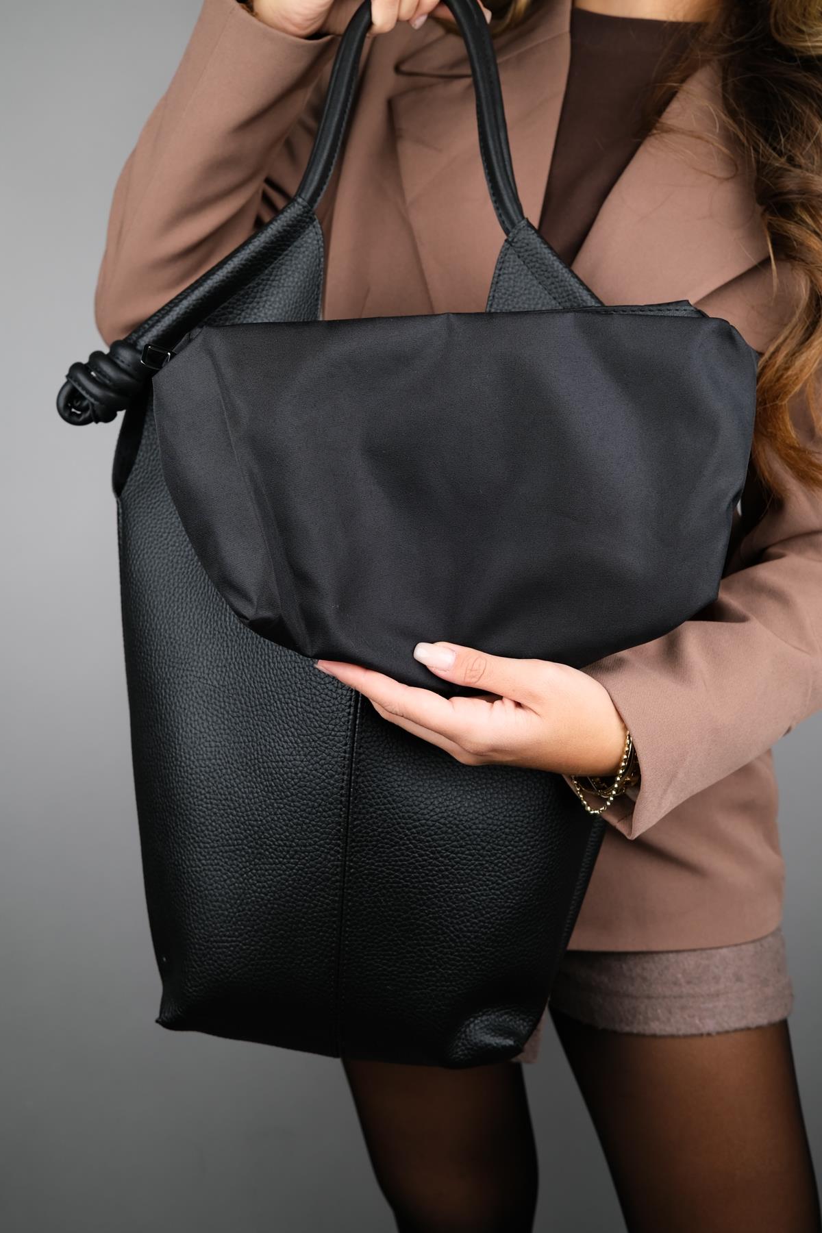 SANTANA - Bolso de hombro holgado de cuero genuino negro (Mujer)