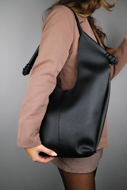 SANTANA - Bolso de hombro holgado de cuero genuino negro (Mujer)