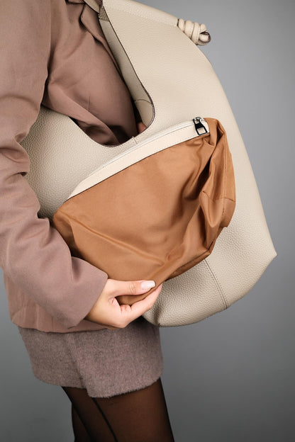 SANTANA - Bolso de Hombro Hobo de Cuero Genuino Beige (Mujer)