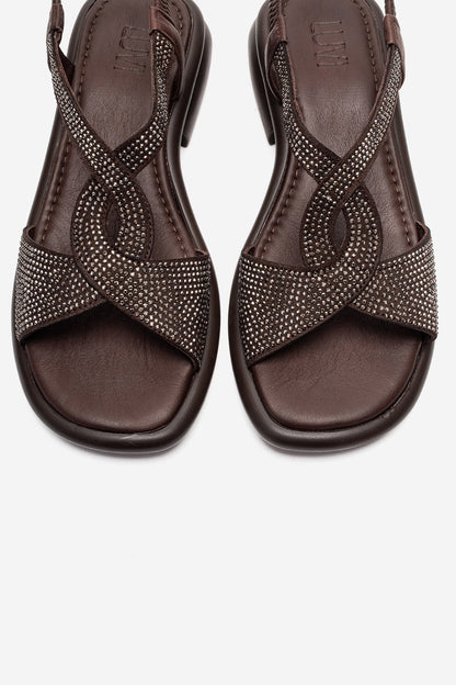 AURORA - Brown Genuine Leather Stone-Embellished Sandal (Women)
