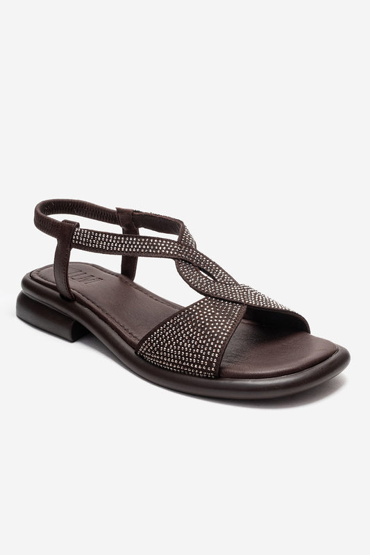 AURORA - Brown Genuine Leather Stone-Embellished Sandal (Women)