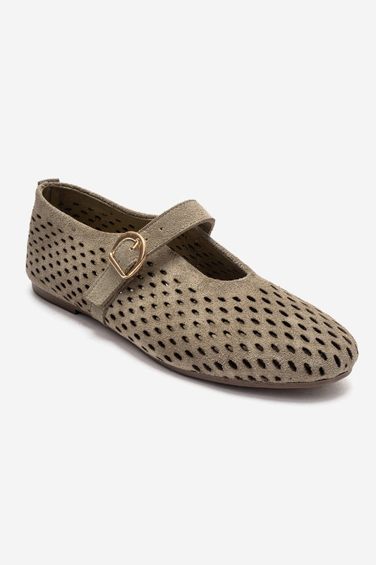 ARIAN - Green Suede Genuine Leather Ballet Flat (Women)