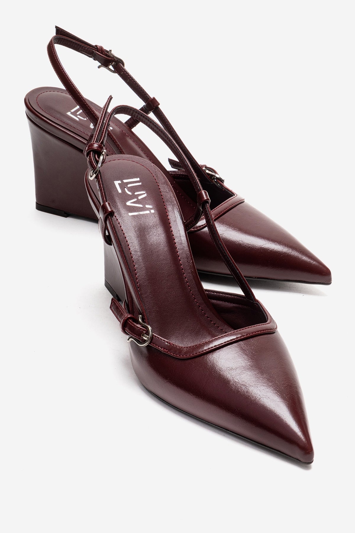 CELIA - Zapatos de tacón de cuña con punta en punta de piel auténtica burdeos (mujer)