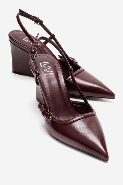 CELIA - Zapatos de tacón de cuña con punta en punta de piel auténtica burdeos (mujer)