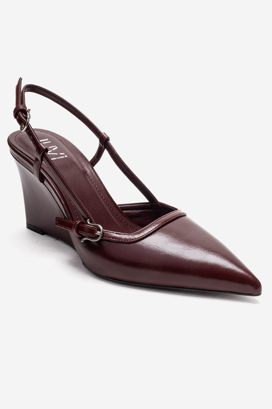 CELIA - Burgundy Genuine Leather Pointed Toe Wedge Heel Shoe (Women)